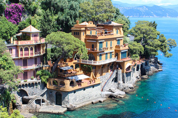 Fototapeta premium Summer sea view of beautiful city on Liguria coast - Portofino, Italian riviera.