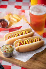 hot dog with beer and french fries
