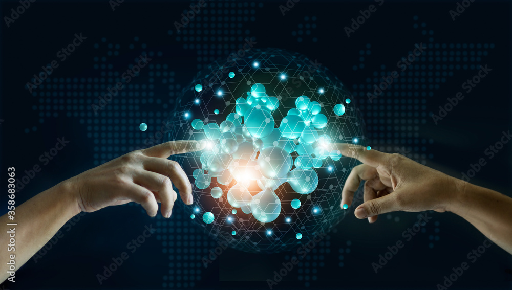 Poster Businessman touching abstract global network connection on structure networking and data exchanges customer connection on dark background, Network and communication of business, 3D render.