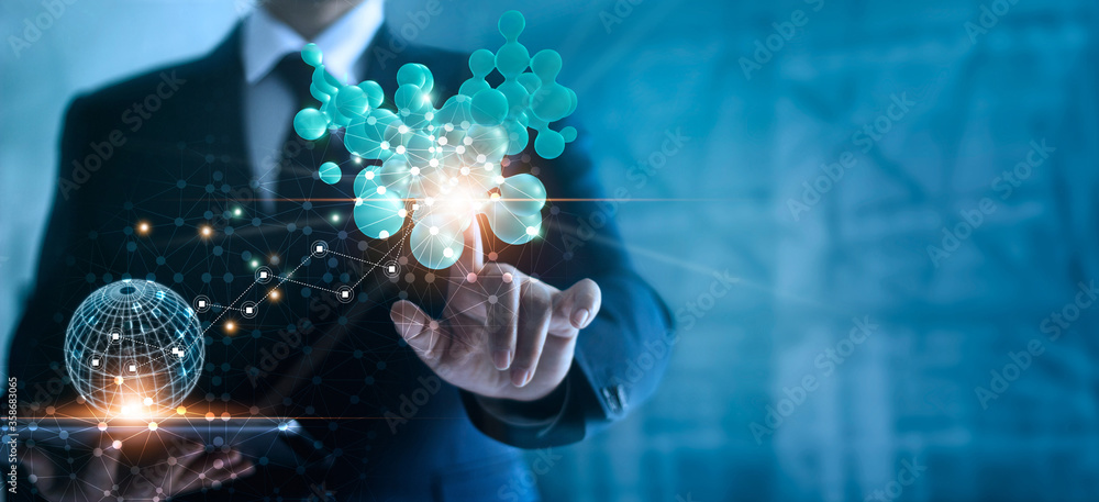 Fototapete Businessman touching global structure networking and data exchanges customer connection on virtual background, 3d render.