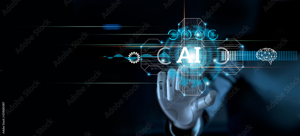 Aufkleber Hand of robot touching modern interface and AI word (Artificial intelligence), Connection technology and new era of innovation, Machine learning, AI, Technology and science.