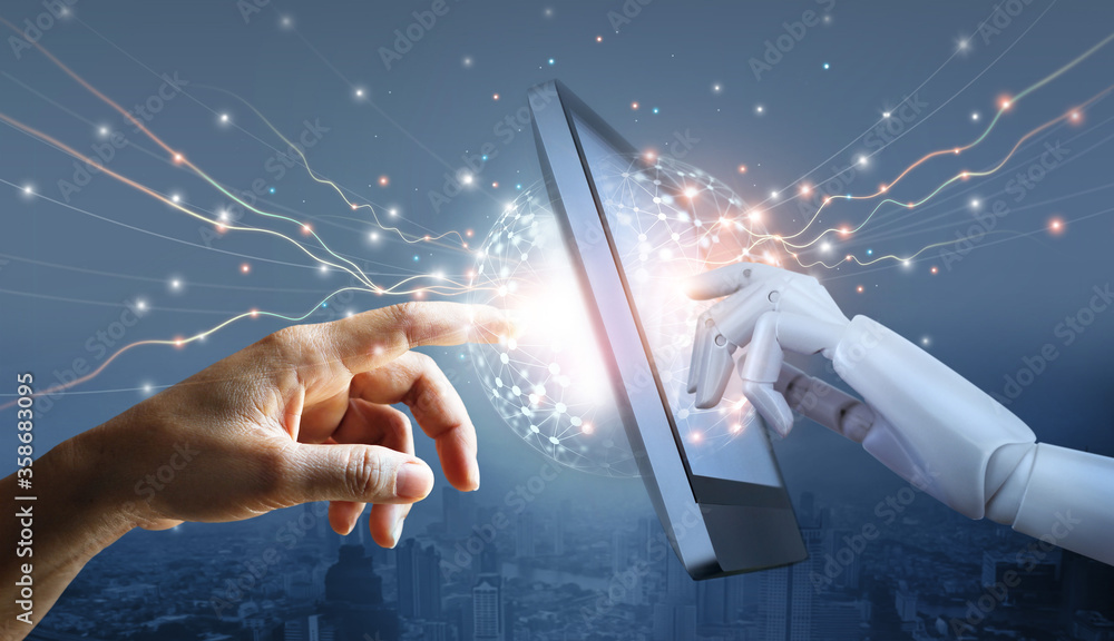 Poster Hands of robot and human touching on big data network connection, Science and artificial intelligence technology, innovation and futuristic, AI, Machine learning.
