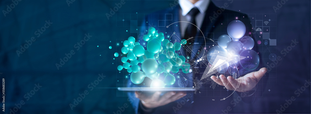 Poster Networking and communication concept, Abstract of 3D network connection in tablet and businessman hands, tablet, innovative and technology, Network and data exchanges on cyberspace.
