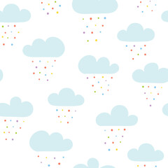 Seamless pattern with blue clouds and colorful rain drops on white background.