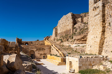Fototapeta na wymiar It's Ruins of the Kerak Castle, a large crusader castle in Kerak (Al Karak) in Jordan.