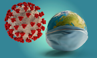 Coronavirus and globe with respiratory protection face mask 3d-illustration. elements of this image furnished by NASA