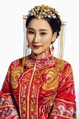 White background picture of woman wearing red dress of ancient asian bride