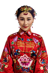 White background picture of woman wearing red dress of ancient asian bride