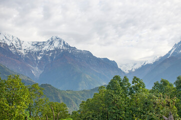 The peaks of the mountains of Nepal among the trees are the landscape of the Himalayas
