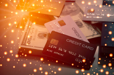 mockup black credit card above a white card on the dollar banknote pile background