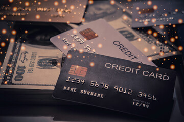 mockup black credit card above a white card on the dollar banknote pile background