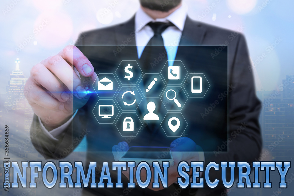 Poster word writing text information security. business photo showcasing being protected against the illega