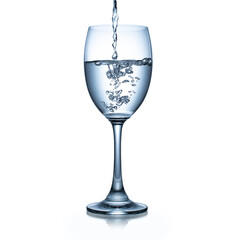 Empty wine glass isolated on white background. Water pouring in glass isolated on white background.  This has clipping path.
