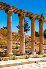 It's Colonnade on the Roman Oval Forum, Ancient Roman city of Gerasa, modern Jerash, Jordan