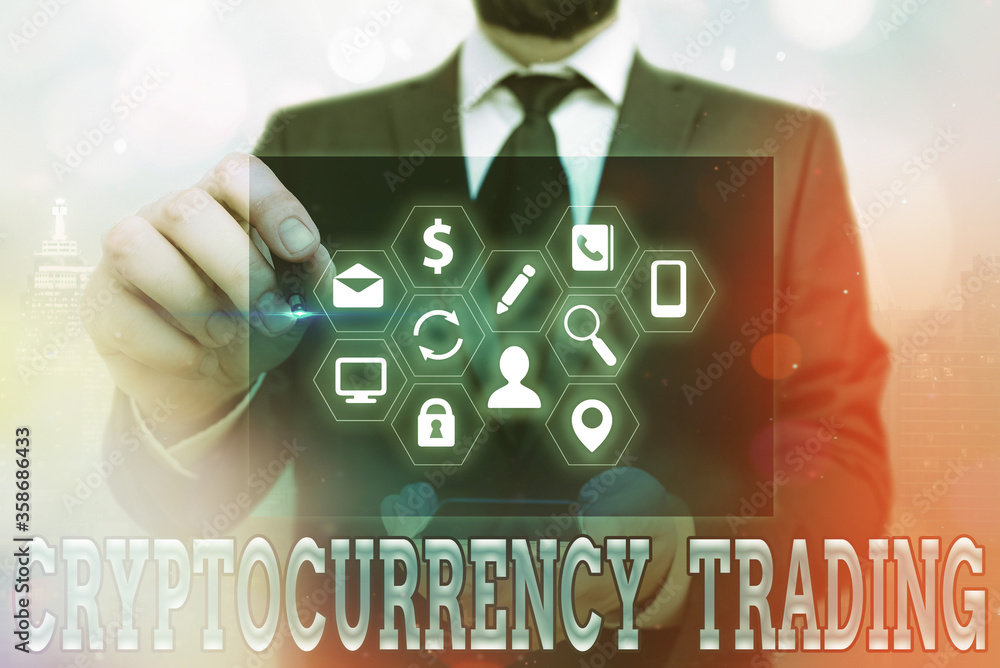 Aufkleber word writing text cryptocurrency trading. business photo showcasing act speculating on price movemen