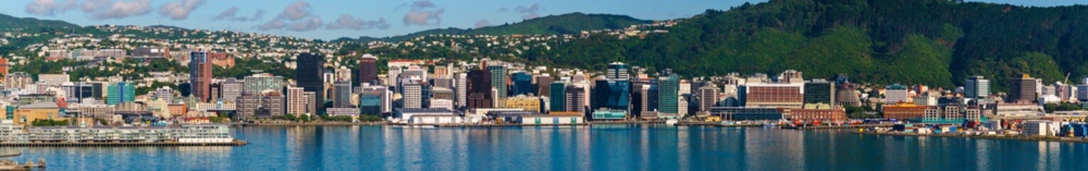 Naklejka na ściany i meble Wellington, New Zealand. Morning view of Wellington city buildings and harbour viewed from Mount Victoria. Wellington is the Capital of NZ.