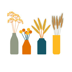 Dried floral arrangements. Set of Autumn bouquets in vases. Fall Decorations. Thanksgiving Table Decoration. Vector illustration on White background.