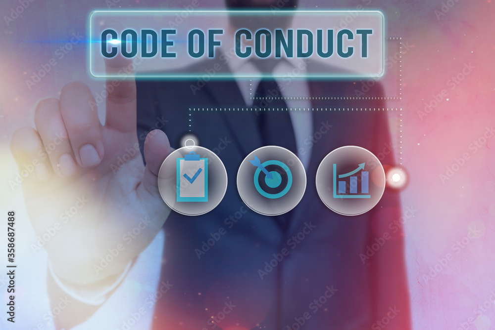 Poster writing note showing code of conduct. business concept for set of principles are ethics, respect, co