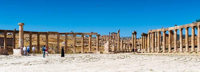 It's Colonnade on the Roman Oval Forum, Ancient Roman city of Gerasa of Antiquity , modern Jerash, Jordan