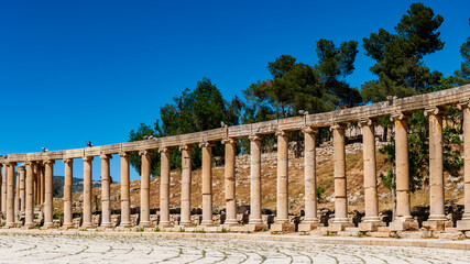 Fototapeta na wymiar It's Colonnade on the Roman Oval Forum, Ancient Roman city of Gerasa of Antiquity , modern Jerash, Jordan