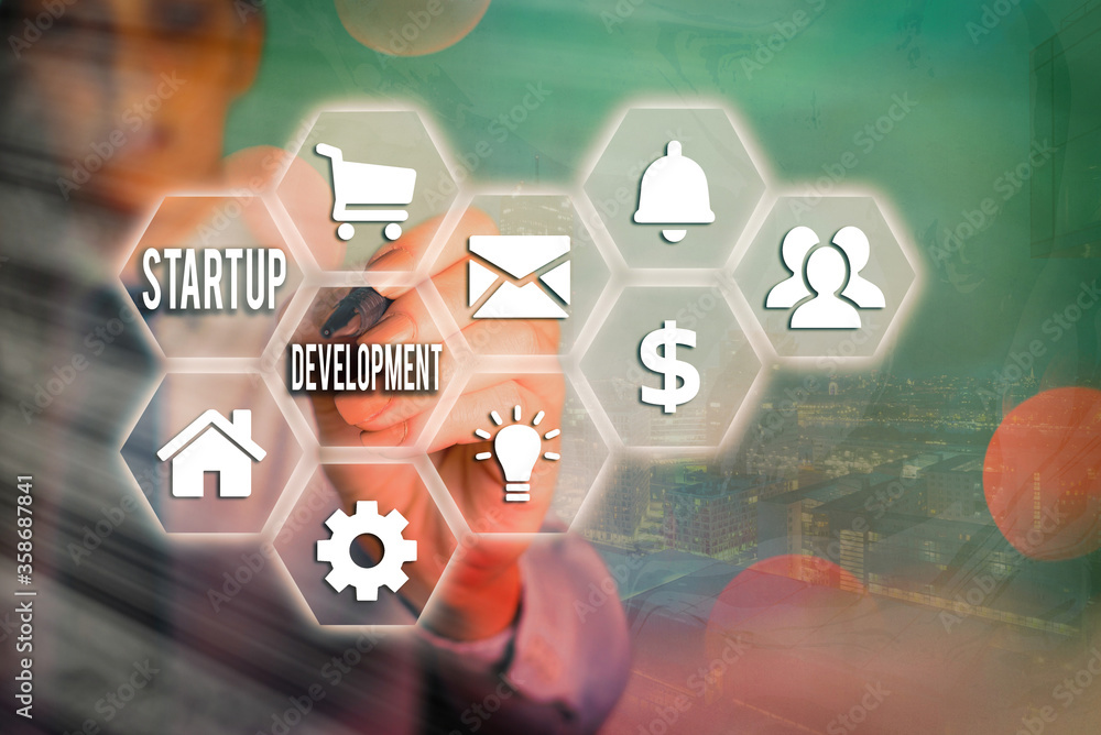 Poster word writing text startup development. business photo showcasing developing idea which signifying bi