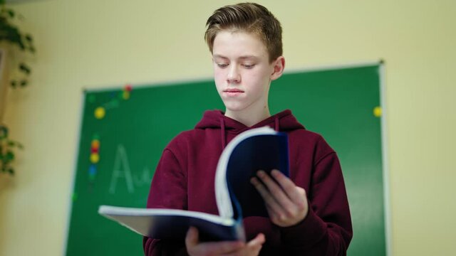 Boy looking into the school journal. Teenager standing in the classroom and reading information in the folder. Learning process at school.