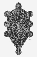 Kabbalistic tree of life. Engraving vector illustration.