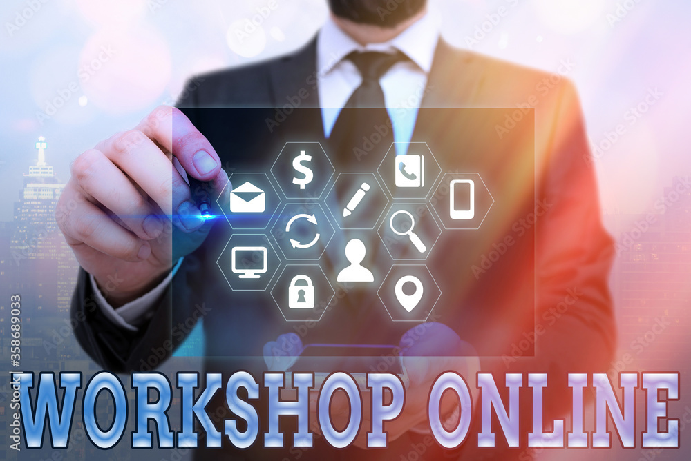 Aufkleber word writing text workshop online. business photo showcasing course made available, digital platform