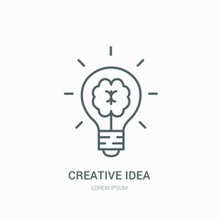 Creative idea flat line icon. Brain in lightbulb vector illustration. Thin sign of innovation, solution, education logo.