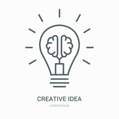 Creative idea flat line icon. Brain in lightbulb vector illustration. Thin sign of innovation, solution, education logo.