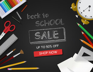 Back to school vector illustration with stationery, chalkboard, school items and elements