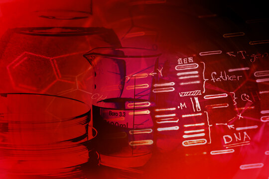 Laboratory glassware and DNA data. Science concept.