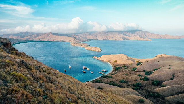 View of Gili Lawa Darat located amongst the Komodo National Park, Labuan Bajo, Indonesia. Strong current can be seen entering into the channel