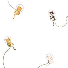 Four colour cats flow in the space element. Tebby cat, milk cat, yellow cat, white cat, orange. black and white. cute baby kitties. Pastel drawing