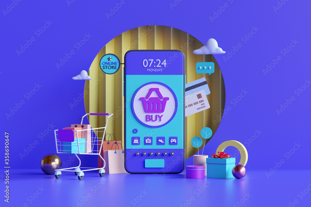 Poster shopping on-line. online store on website or mobile application. 3d rendering background. digital ma
