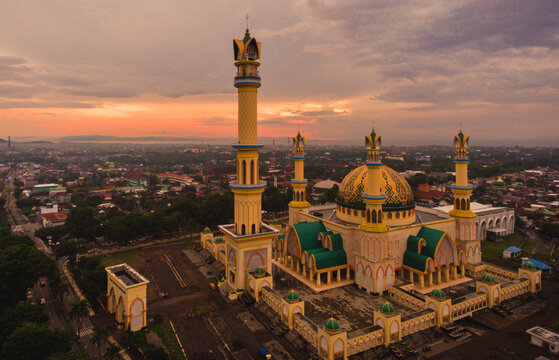 Aerial view of Islamic Centre In Mataram City, Lombok, Indonesia at sunset time
