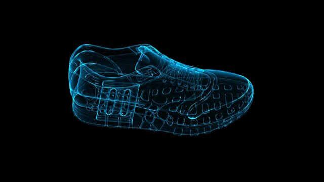 3D shoes hologram spinning on black background.