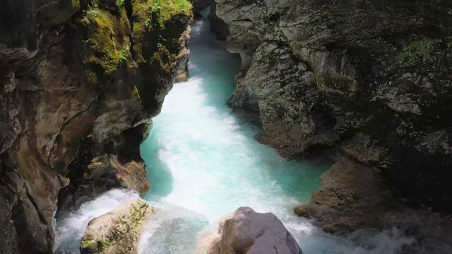 Hidden turquoise Soca Gorge river Slovenia aerial