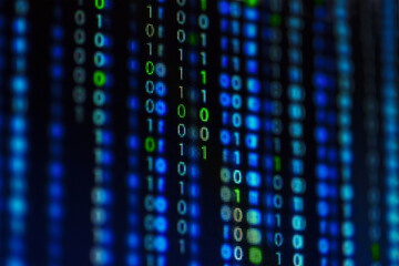 Digital binary data on computer screen. Close-up with small depth of field.