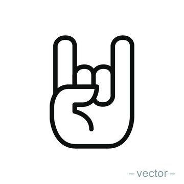 Rock On Concert Gig Hand Gesture Sign. Vector Flat Line Stroke Icon.