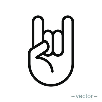 Rock On Concert Gig Hand Gesture Sign. Vector Flat Line Stroke Icon.