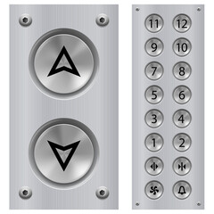 Elevator Buttons Panel and Call Buttons for Building Up and Down Each Floor with Arrow Symbol Displayed on Polished Stainless Steel. Isolated Illustration on White Background - 358692646