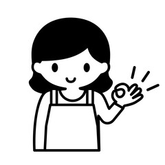 OKのハンドサインをするエプロン姿の女性のモノクロイラスト