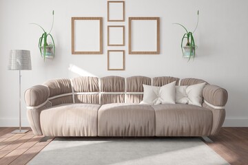 modern room with plants,sofa,pillows,lamp, wooden wall and carpet interior design. 3D illustration