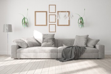 modern room with sofa,pillows,plaid,frames,plants and lamp interior design. 3D illustration