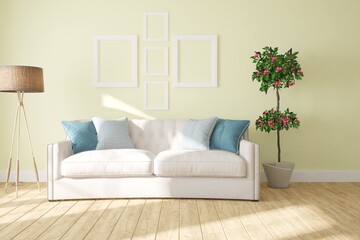 modern room with sofa,pillows,plant and lamp interior design. 3D illustration