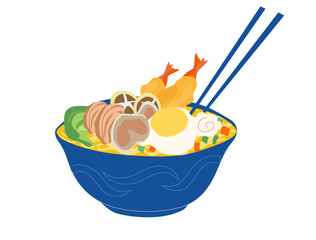 Delicious hot ramen noodle soup bowl food isolated vector illustration. Food business design  concept background 