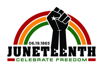 Juneteenth. 06 19 1865. Resistance Hand Icon. Rainbow. Design of Banner. Vector logo Illustration.
