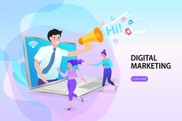 A marketer uses a megaphone from a laptop to attract customers online. Women run towards his call to action, representing successful digital marketing engagement and conversions.