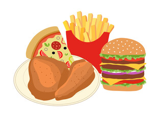 Chickens, burger and french fries isolated on white background. Fast food concept